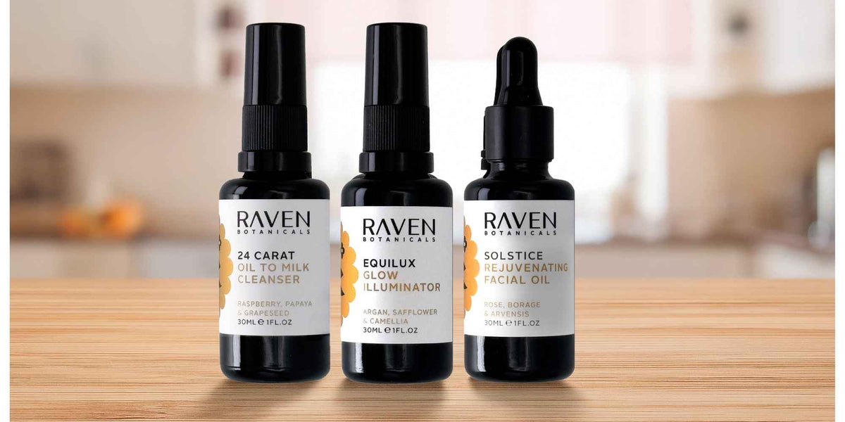 an image showcasing our raven botanicals oil to milk cleanser, equilux oil, and our Solstice Rejuvenating Facial Oil, the best oils and butters for skincare on the market