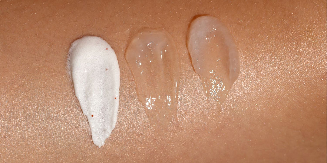 skincare textures - a cream, a gel and a lotion