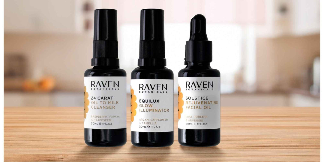 an image showcasing our raven botanicals oil to milk cleanser, equilux oil, and our Solstice Rejuvenating Facial Oil, the best oils and butters for skincare on the market