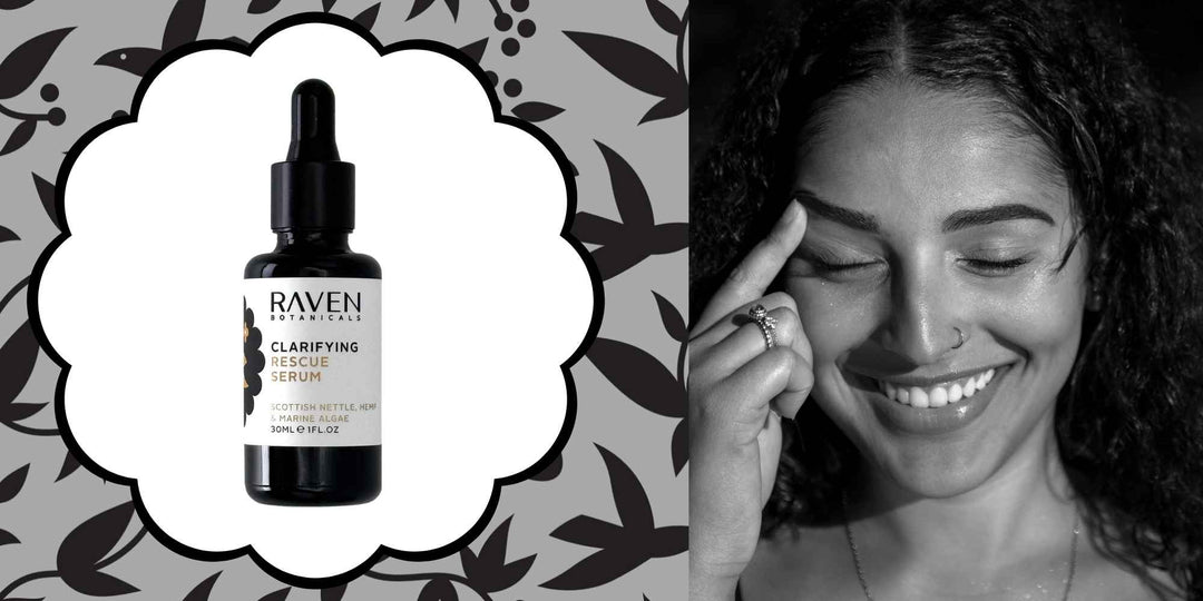 a lady cherishing her skin and smiling after using raven botanicals rescue serum